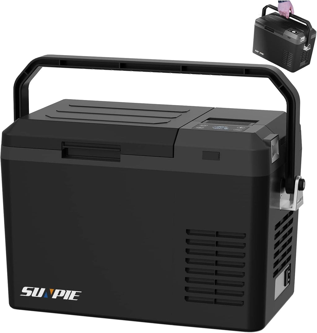 「SUNPIE」車載冷蔵庫 9L 小型 着脱式バッテリー内蔵可能 -22℃～10℃ 60W 急速冷凍 仕切板付 庫内灯付 断熱性3倍 24時間保冷 3WAY電源対応 AC100V/DC12V24V 車