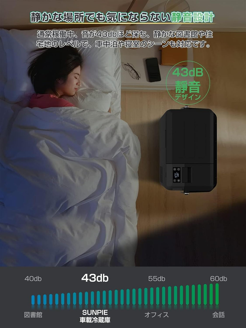 「SUNPIE」車載冷蔵庫 9L 小型 着脱式バッテリー内蔵可能 -22℃～10℃ 60W 急速冷凍 仕切板付 庫内灯付 断熱性3倍 24時間保冷 3WAY電源対応 AC100V/DC12V24V 車