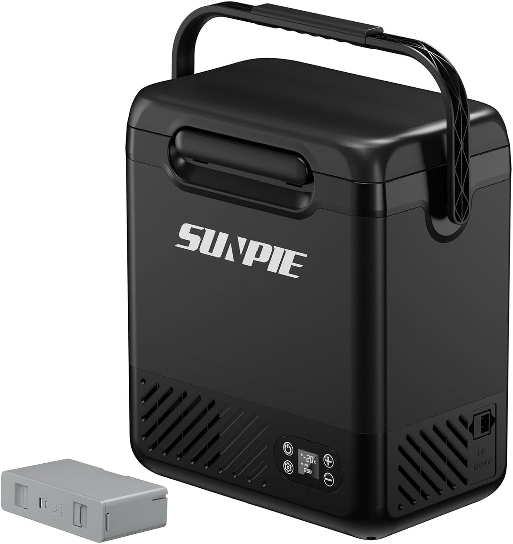 【2025最新】SUNPIE 車載冷蔵庫 12L 小型 バッテリー1個付き ポータブル冷蔵庫 -20℃～20℃ 急速冷凍 4WAY電源対応 DC12V/24V AC100V コンプレッサー式 車載冷蔵