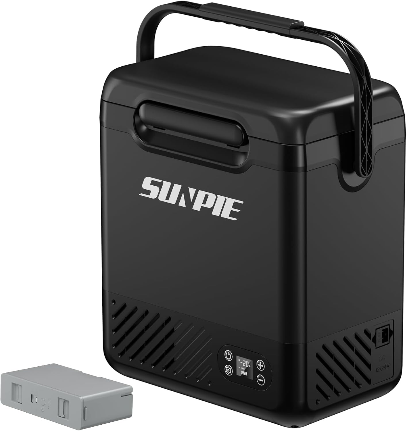 【2025最新】SUNPIE 車載冷蔵庫 12L 小型 バッテリー1個付き ポータブル冷蔵庫 -20℃～20℃ 急速冷凍 4WAY電源対応 DC12V/24V AC100V コンプレッサー式 車載冷蔵