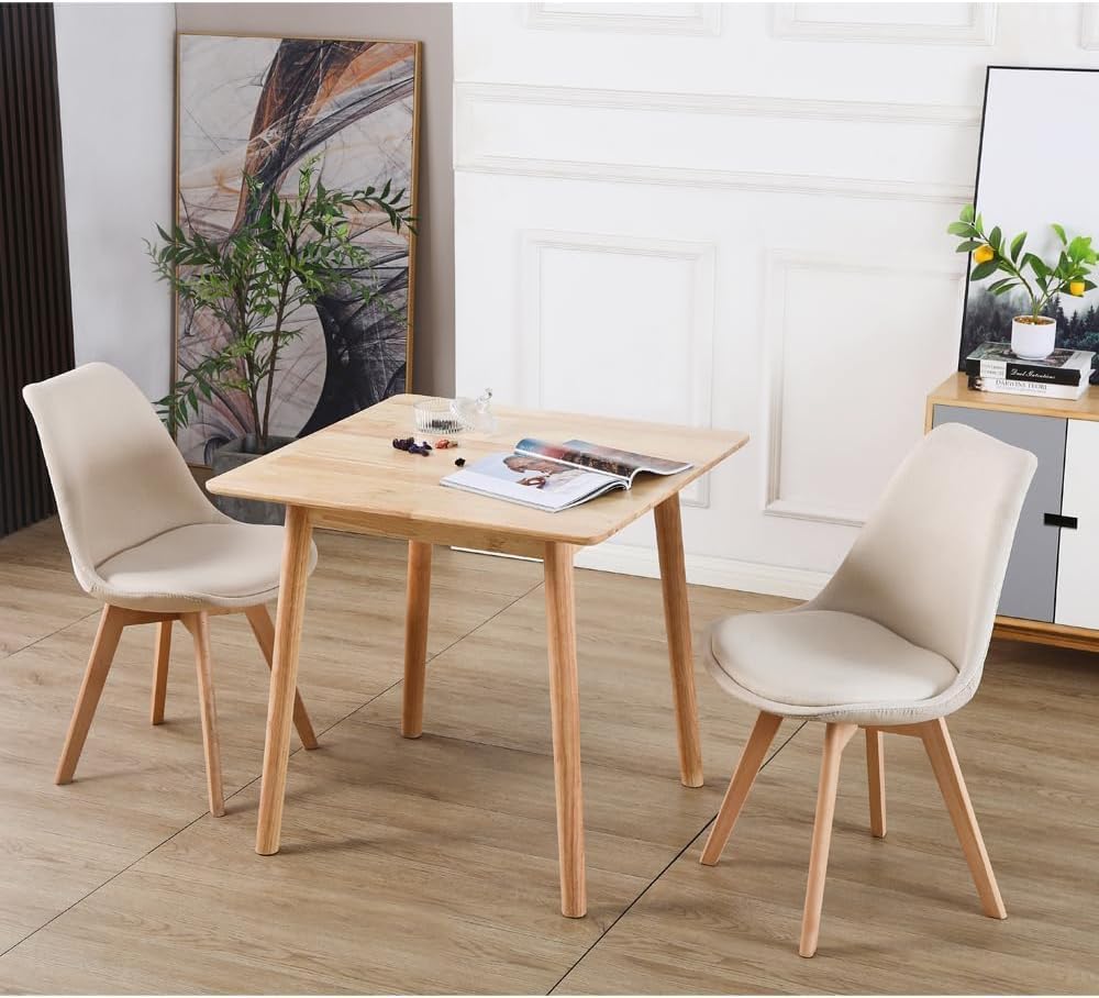 テーブルとチェアセット Probasto ダイニングテーブル ラバーウッド無垢材 2人用 80×80×75cm 天然木 ベージュ チューリップチェア クッション付き 天然木脚(3点セット）
