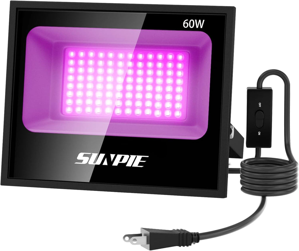 「SUNPIE」紫外線 ブラックライト 60W 投光器 365-405nmUV樹脂硬化ライト 3Dモデル乾燥用 長寿命 防水IP65 AC85V～265V レジン用 屋外用 広角120度 舞台照明 雰