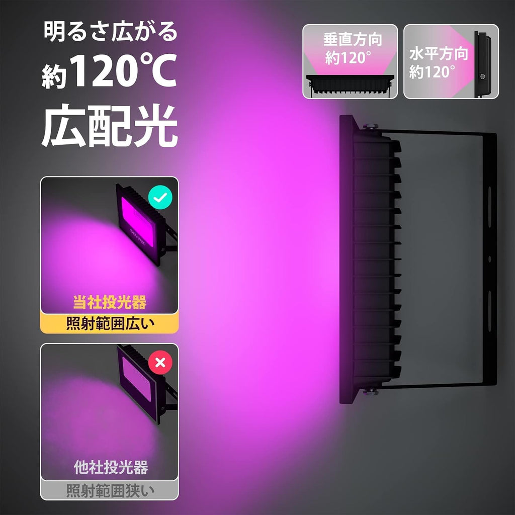 「SUNPIE」紫外線 ブラックライト 60W 投光器 365-405nmUV樹脂硬化ライト 3Dモデル乾燥用 長寿命 防水IP65 AC85V～265V レジン用 屋外用 広角120度 舞台照明 雰