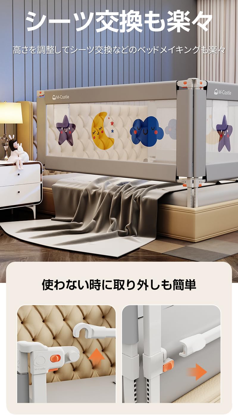 *安心の日本企業*SFUN ベッドガード ベッドフェンス ハイタイプ 洗える 転落防止 落下防止 布団ズレ防止 ベビーサークル 幼児用 出産祝い (2M)