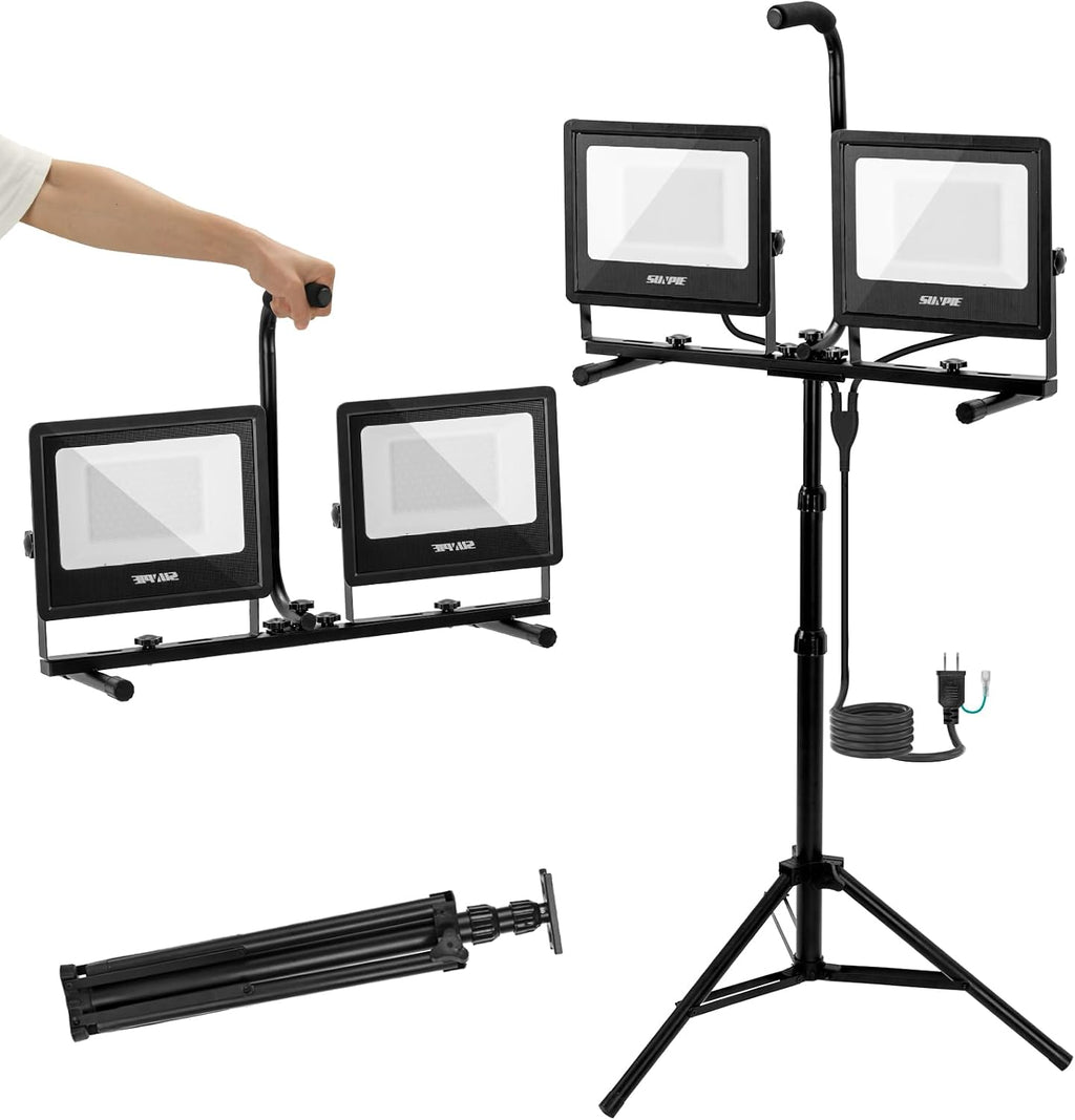 「SUNPIE」LED投光器 作業灯 ledワークライト 104W 16000LM高輝度 三脚付きスタンドライト AC90V～260V 3Mコード アース付きプラグ 広角170度 昼光色 長寿命 防水
