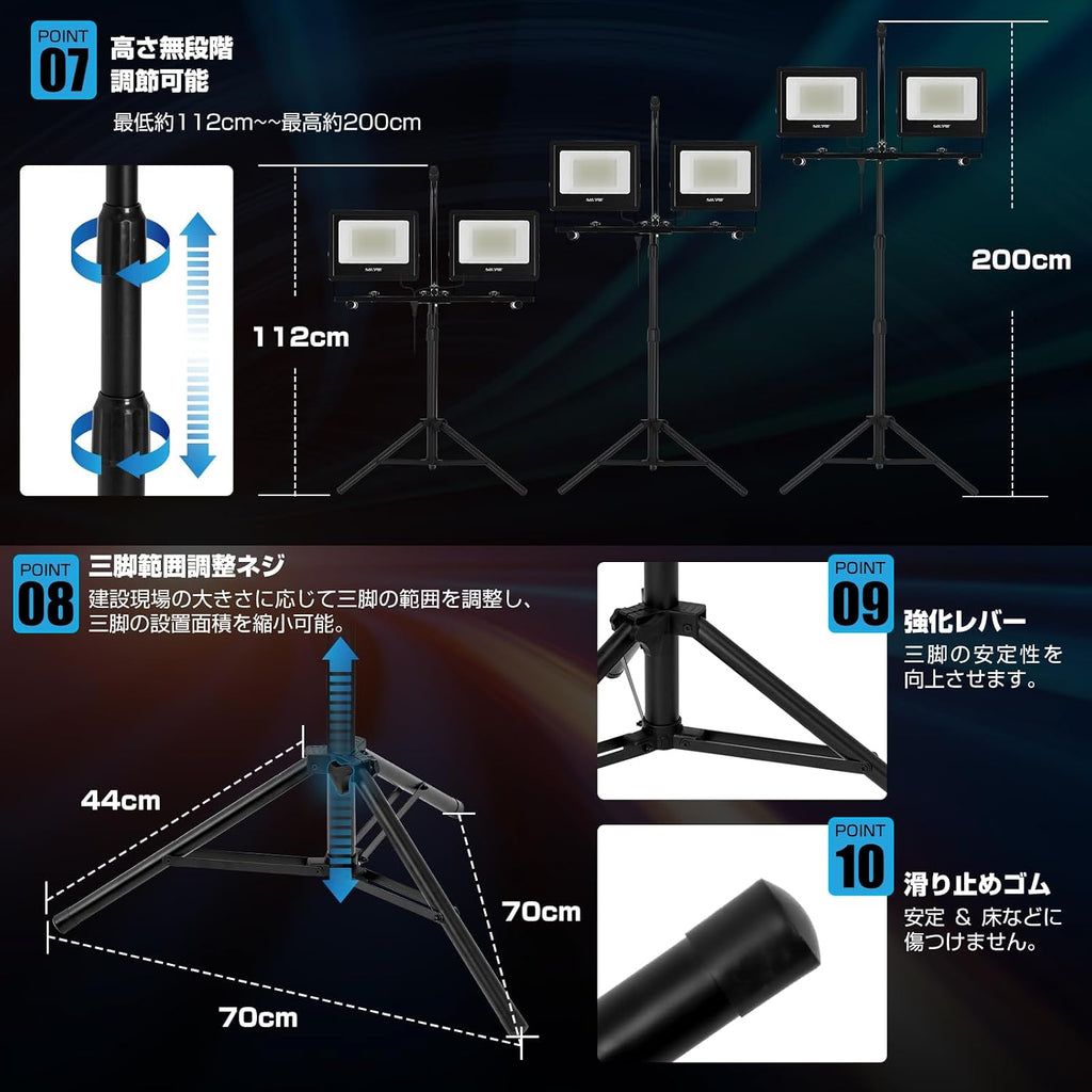「SUNPIE」LED投光器 作業灯 ledワークライト 104W 16000LM高輝度 三脚付きスタンドライト AC90V～260V 3Mコード アース付きプラグ 広角170度 昼光色 長寿命 防水