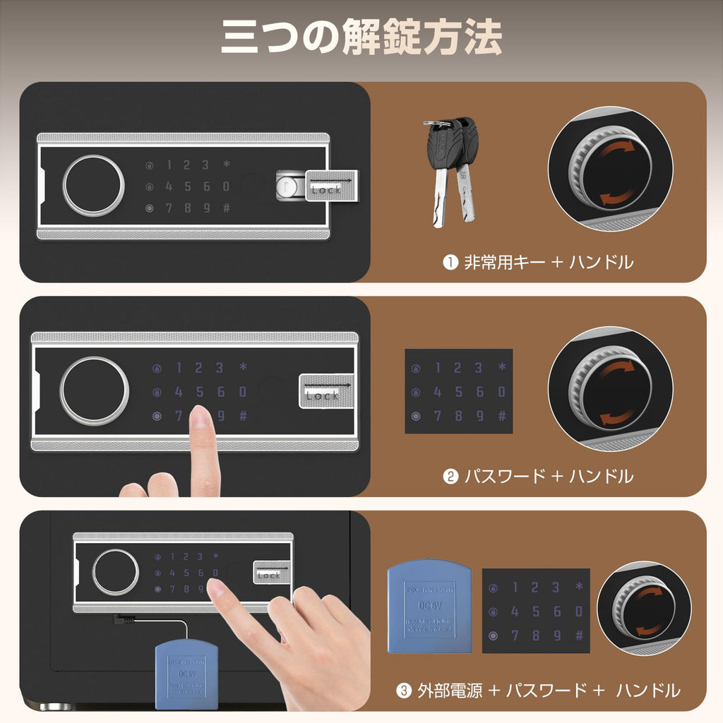 Twinbasto 金庫 小型 電子式 家庭用 業務用 22L テンキー式 デジタルロック 警報アラーム付き 非常用キー2本付属 壁固定対応 家庭・オフィス・ホテル用 (ブラック)