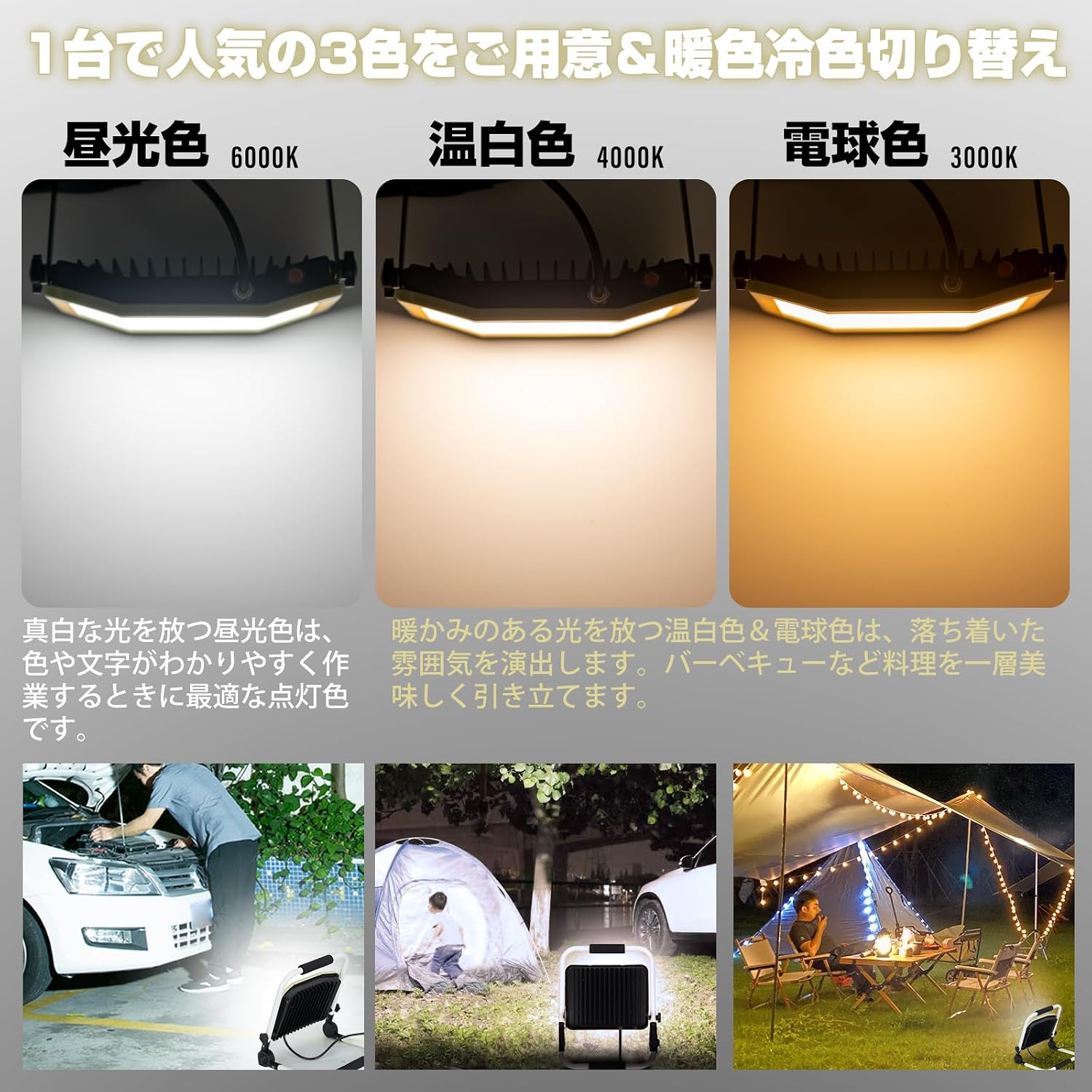 「SUNPIE」LED投光器 ライト 屋外 作業灯 フラッドライト 三面発光広角210度 折り畳み式 60W 10000LM高輝度 昼光色 温白色 電球色 3色切替 AC90V～260V 長寿命 防水