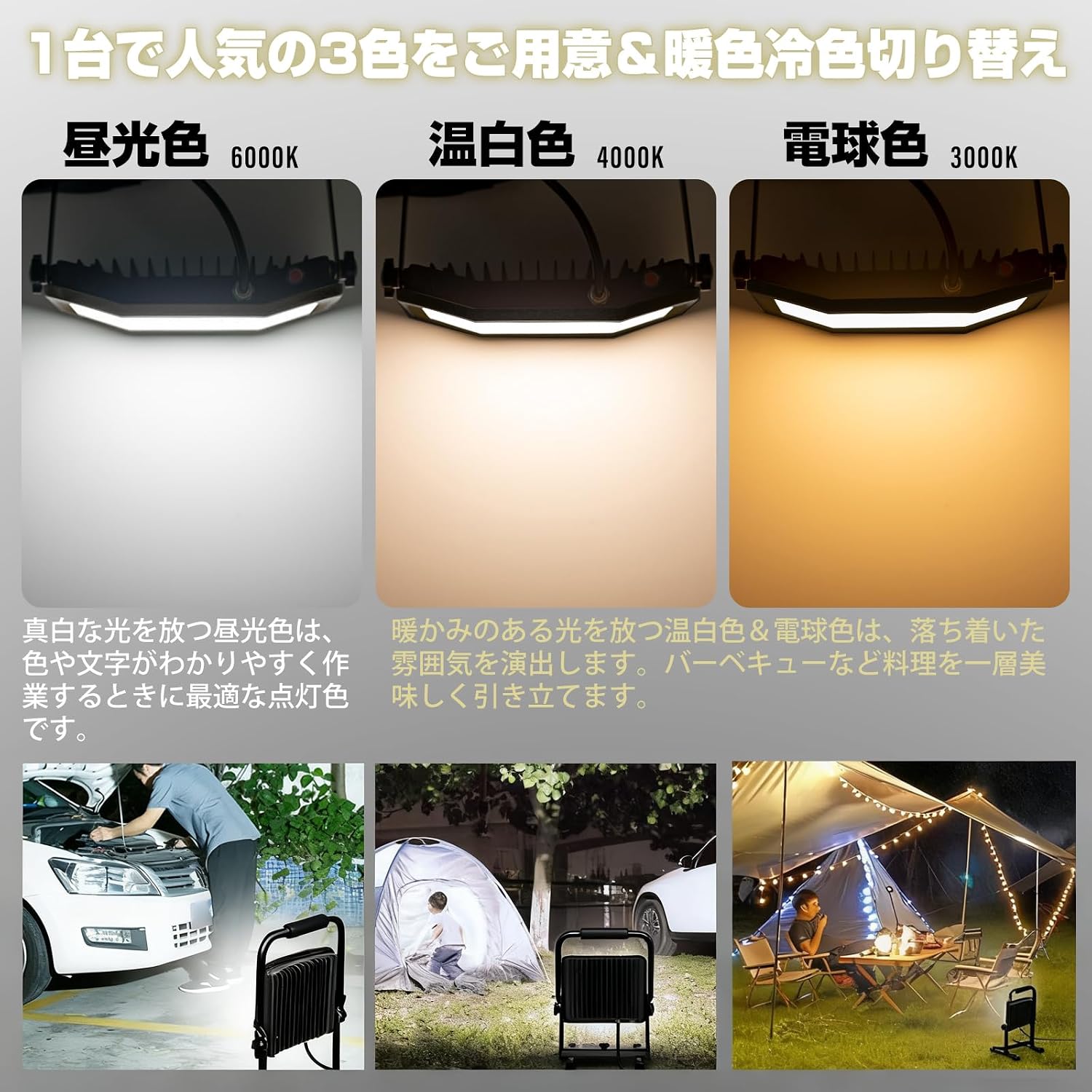 「SUNPIE」LED投光器 ライト 屋外 作業灯 フラッドライト 三面発光広角210度 60W 10000LM高輝度 昼光色 温白色 電球色 3色切替 AC90V～260V 長寿命 防水IP65 集