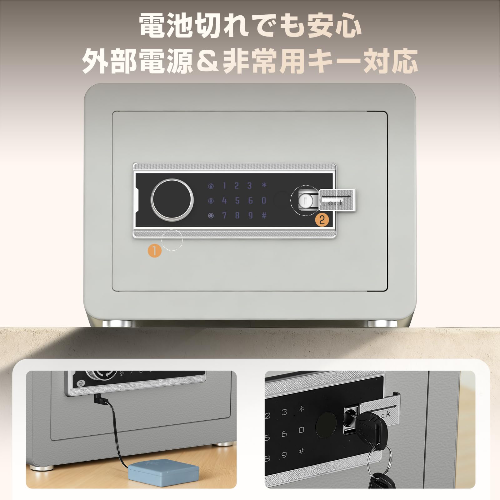 Twinbasto 金庫 小型 電子式 家庭用 業務用 22L テンキー式 デジタルロック 警報アラーム付き 非常用キー2本付属 壁固定対応 家庭・オフィス・ホテル用 (ライトグレー)