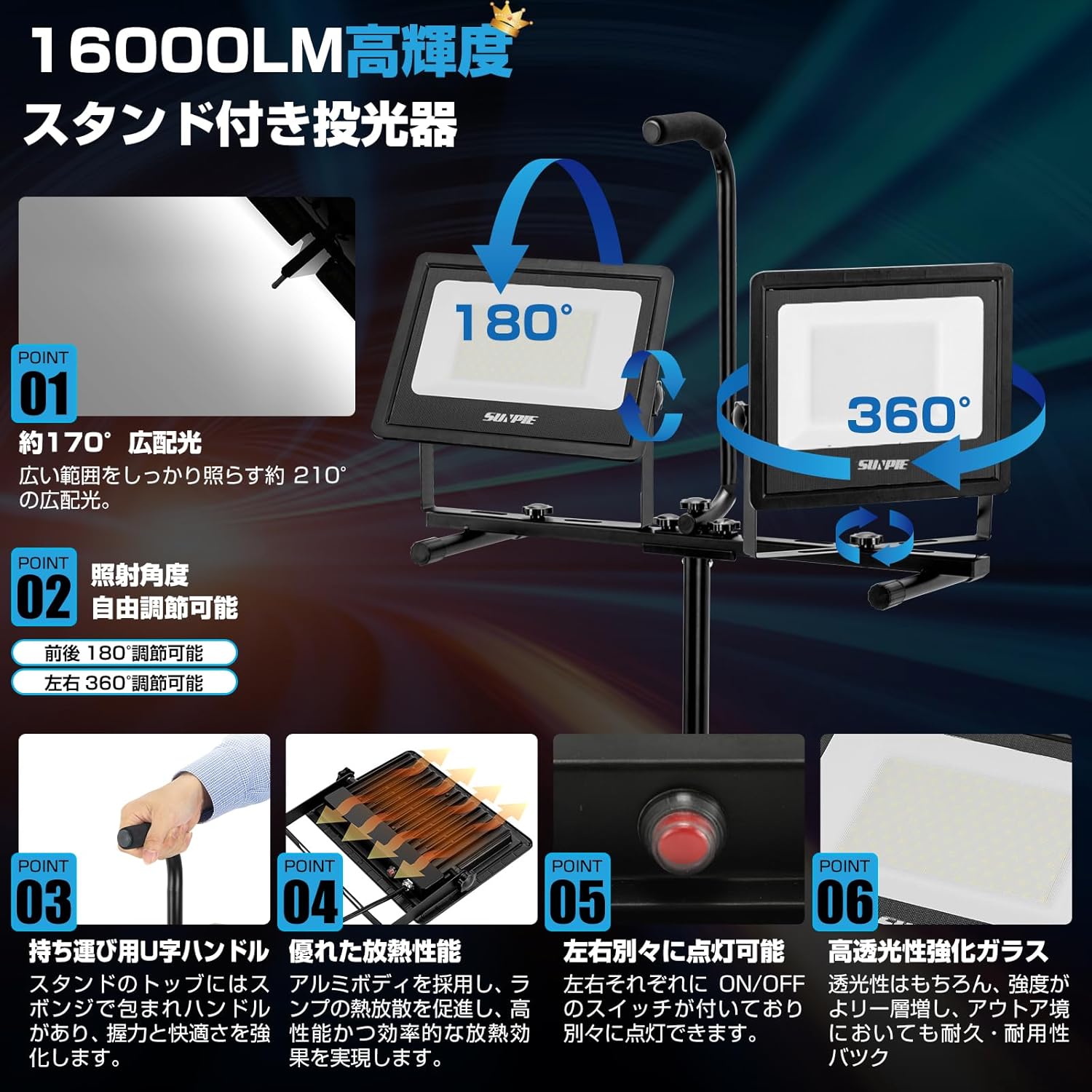 「SUNPIE」LED投光器 作業灯 ledワークライト 104W 16000LM高輝度 三脚付きスタンドライト AC90V～260V 3Mコード アース付きプラグ 広角170度 昼光色 長寿命 防水