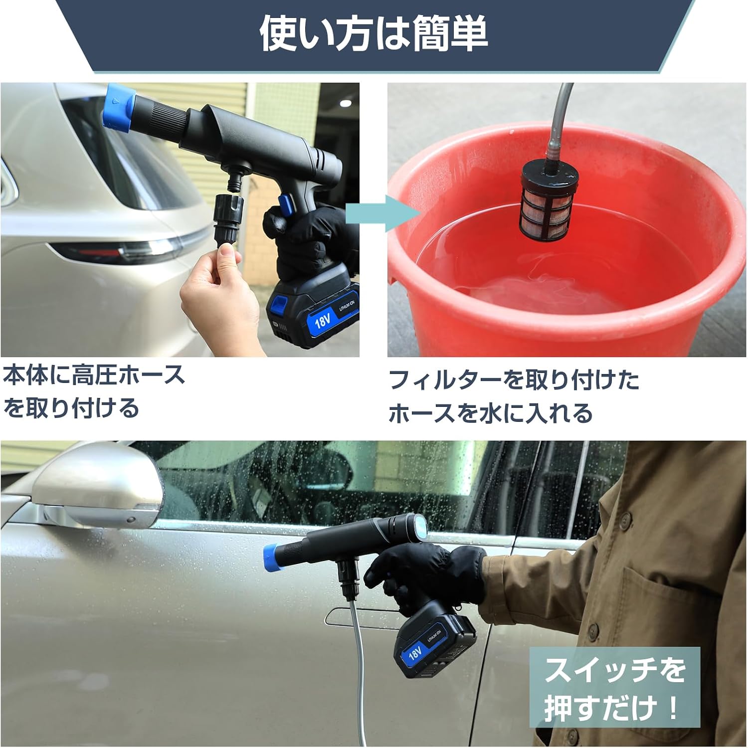 SUNPIE 高圧洗浄機 強力モータ500w 吐出圧力8Mpa 充電式 コードレス ハンディウォッシャー 18V 4.0Ah バッテリ 吐出水量7L/min 強力噴射 MAXモード最大30分稼動 低騒