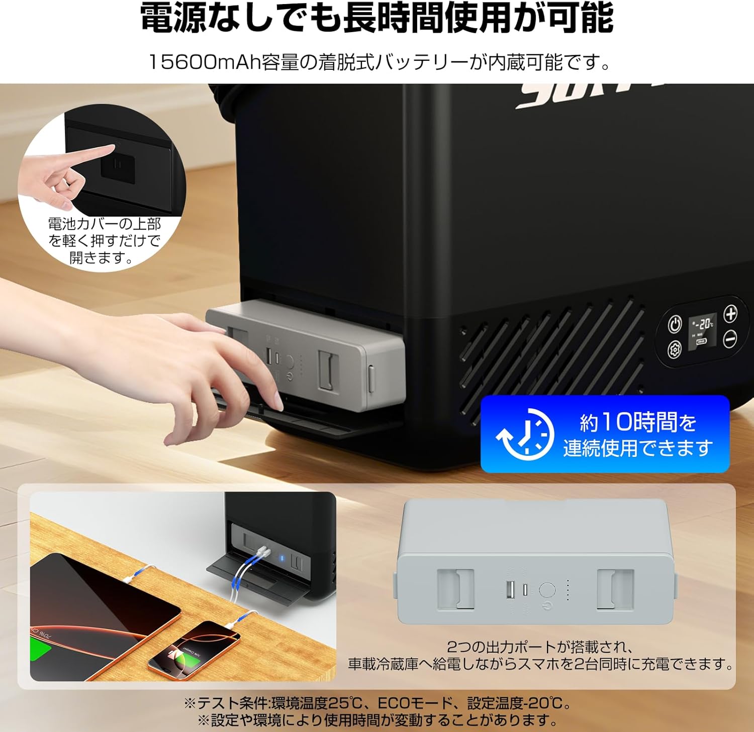 【2025最新】SUNPIE 車載冷蔵庫 12L 小型 バッテリー1個付き ポータブル冷蔵庫 -20℃～20℃ 急速冷凍 4WAY電源対応 DC12V/24V AC100V コンプレッサー式 車載冷蔵