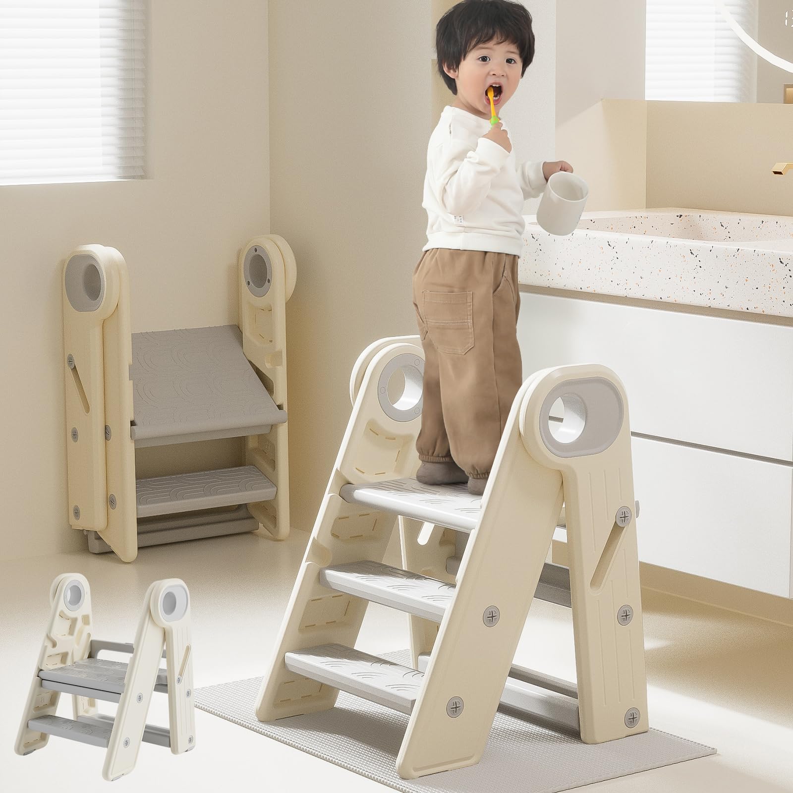 *安心の日本企業*SFUN 子供踏み台 折りたたみ 2段 3段 可変式 幼児用踏み台 ステップ台 登り台 洗面所 手洗い キッズステップ 耐荷重50kg (グレー)