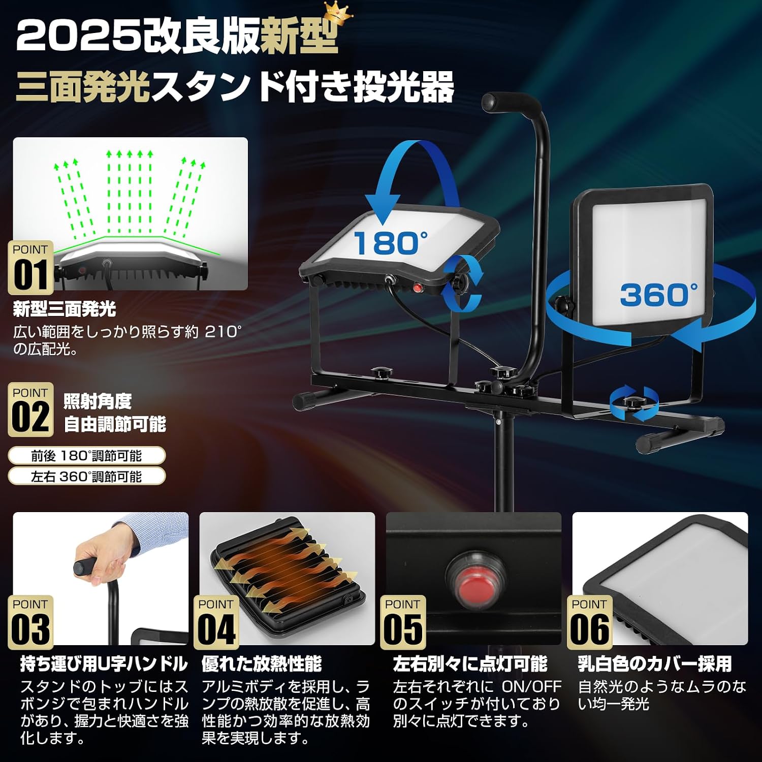 「SUNPIE」LED投光器 三脚スタンド付き ライト 屋外 作業灯 三面発光広角210度 120W 20000LM高輝度 3色切替 昼光色 温白色 電球色 3色切替 AC90V～260V 広角210
