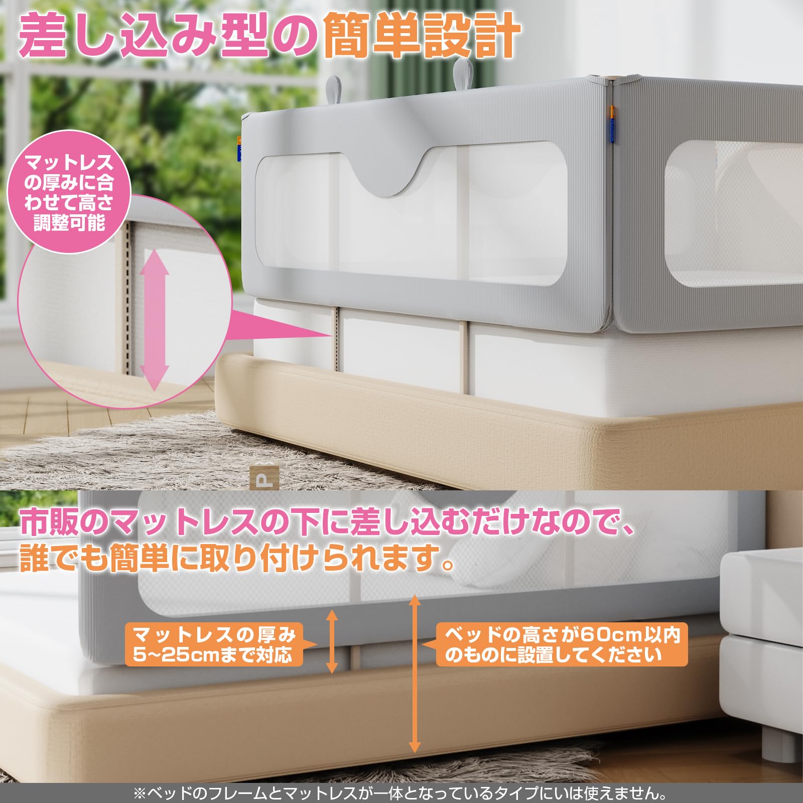 折り畳み式ベッドガード ベッドフェンス ハイタイプ 差し込み式 洗える 転落防止 落下防止 布団ズレ防止 幼児用 出産祝い (1.8m, メッシュ)