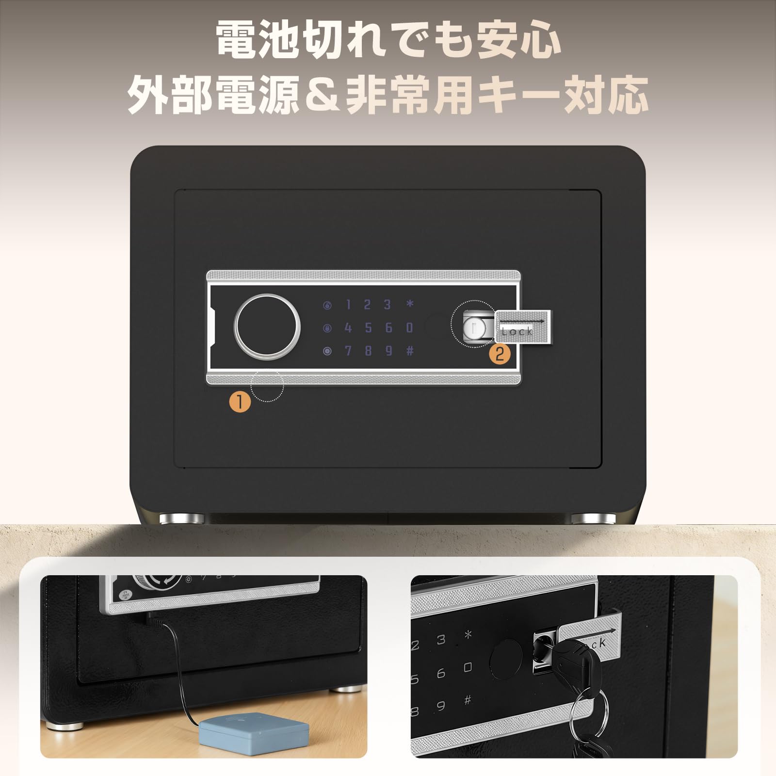 Twinbasto 金庫 小型 電子式 家庭用 業務用 22L テンキー式 デジタルロック 警報アラーム付き 非常用キー2本付属 壁固定対応 家庭・オフィス・ホテル用 (ブラック)