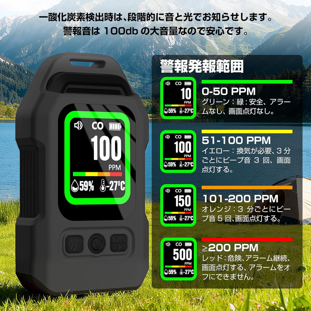 「SUNPIE」一酸化炭素チェッカー 4in1 一酸化炭素濃度/湿度/温度検知 緊急照明機能 充電式 磁石付き 一酸化炭素検知器 警報器 COアラーム テント用 一酸化炭素中毒防止 一酸化炭素測定器 