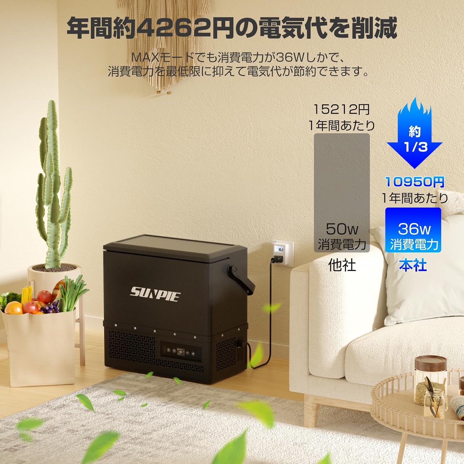 「SUNPIE」車載冷蔵庫 15L 小型 着脱式バッテリー内蔵可能 ポータブル冷蔵庫 -22℃～10℃ 急速冷凍 4WAY電源対応 DC12V/24V AC100V LCD温度表示 コンプレッサー式 