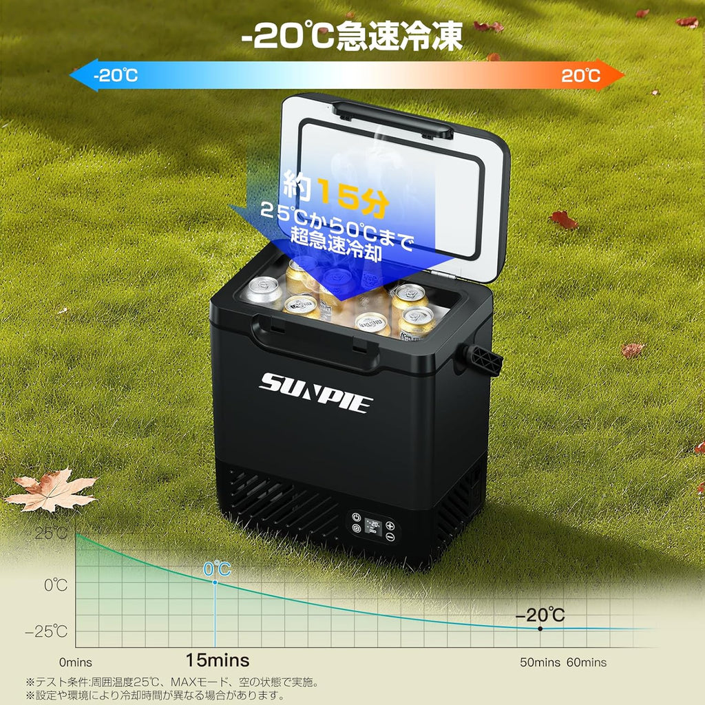 【2025最新】SUNPIE 車載冷蔵庫 12L 小型 バッテリー1個付き ポータブル冷蔵庫 -20℃～20℃ 急速冷凍 4WAY電源対応 DC12V/24V AC100V コンプレッサー式 車載冷蔵
