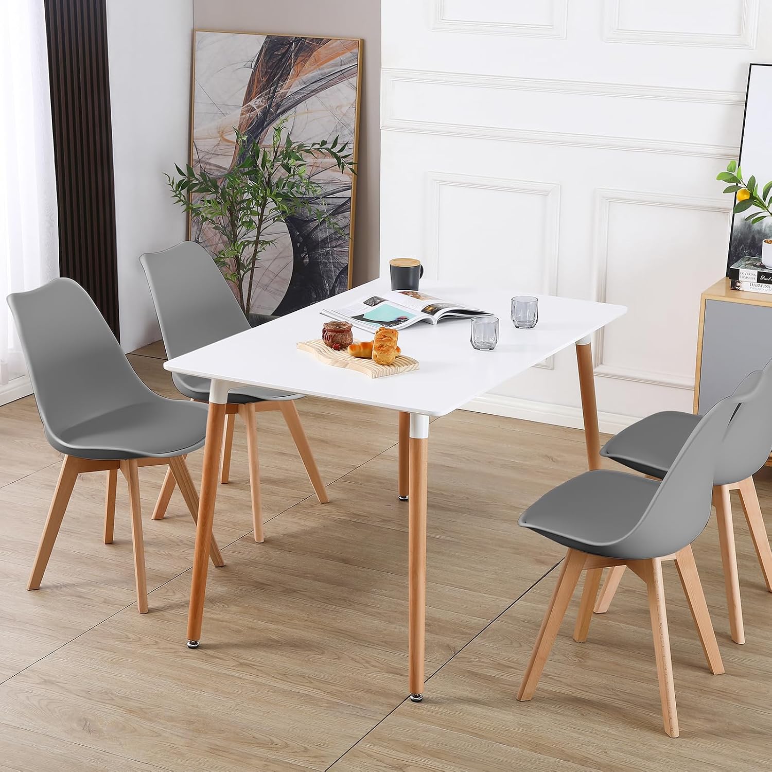 Probasto ダイニングテーブル イームズ 食卓テーブル MDF材 ビーチ無垢材 120×80×72cm ホワイト レクタングル 長方形 4人掛け